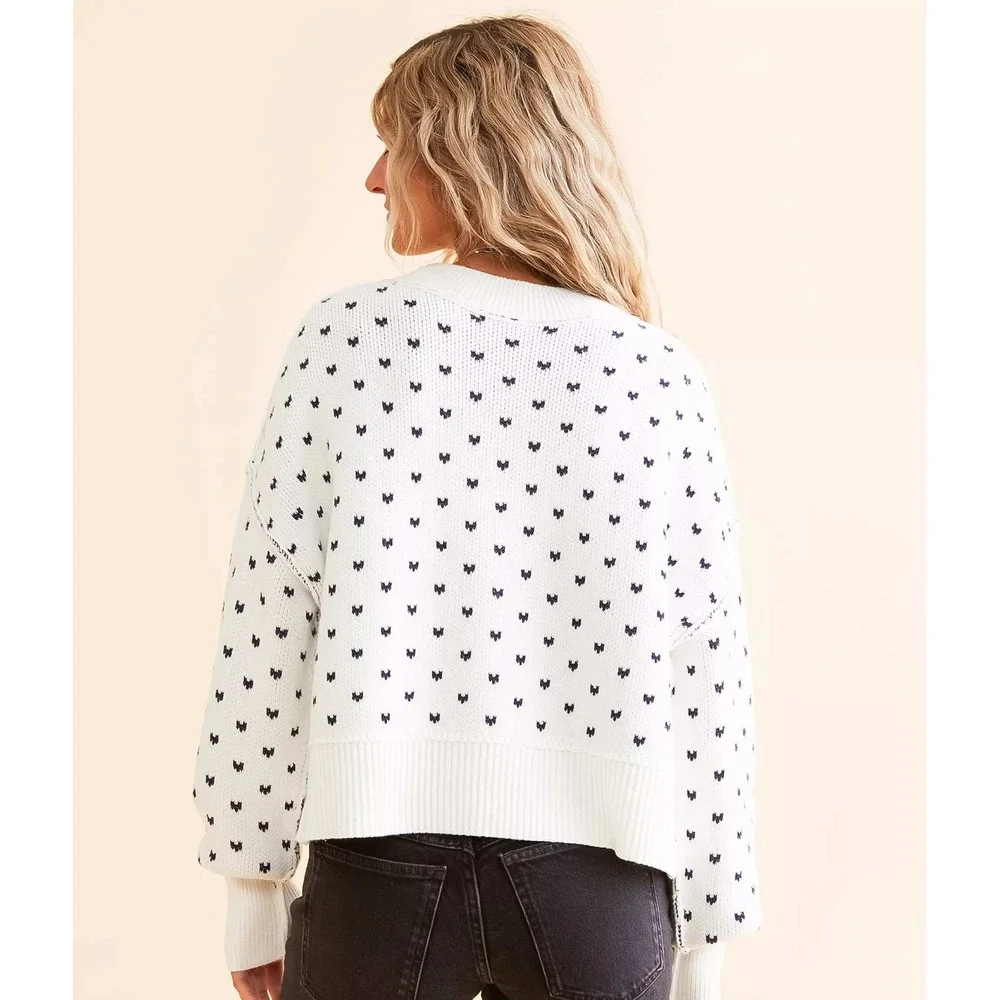Free People Easy Street Patterned Crop Pullover White Navy Heart Knit Sweater S